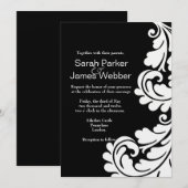 Modern Damask Black and White Wedding-uitnodiging Kaart (Voorkant / Achterkant)