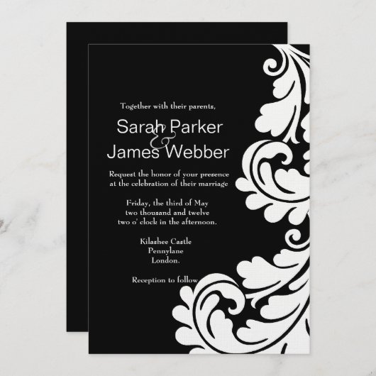 Modern Damask Black and White Wedding-uitnodiging Kaart (Voorkant / Achterkant)