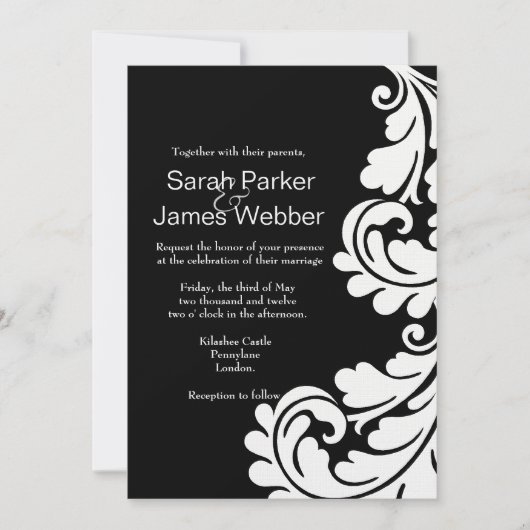 Modern Damask Black and White Wedding-uitnodiging Kaart (Voorkant)