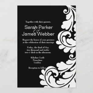 Modern Damask Black and White Wedding-uitnodiging Kaart