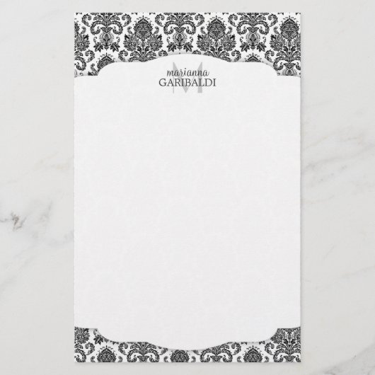 Modern Damask Black en White, gepersonaliseerd Briefpapier (Voorkant)