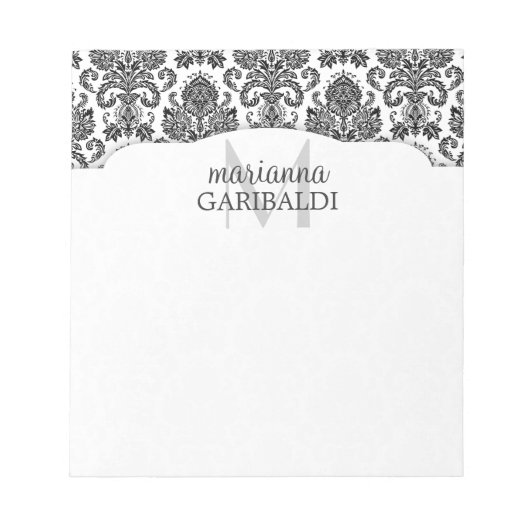 Modern Damask Black en White, gepersonaliseerd Notitieblok (Voorkant)