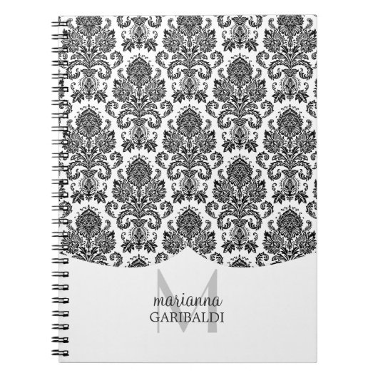 Modern Damask Black en White, gepersonaliseerd Notitieboek (Voorkant)