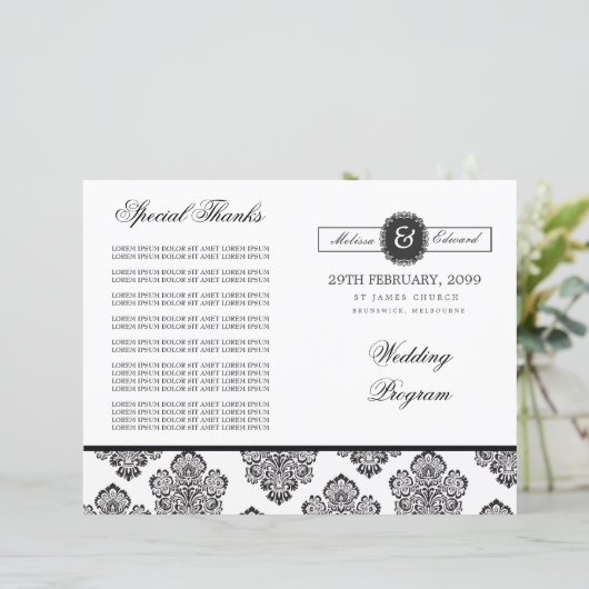 Modern Damask Monogram Wedding Program Booklet (Staand voorkant)
