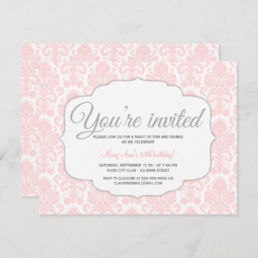 Modern Damask Pink Party Kaart (Voorkant / Achterkant)