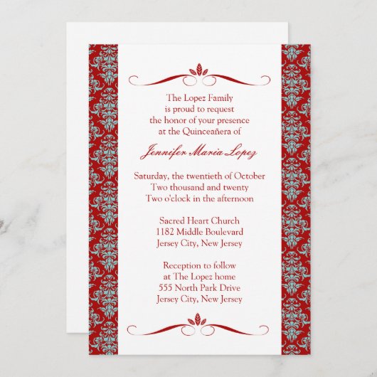 Modern Damask Quinceanera-uitnodigingen Kaart (Voorkant / Achterkant)