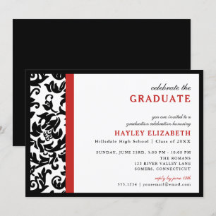Modern Damask Red Border Afstuderen Uitnodiging