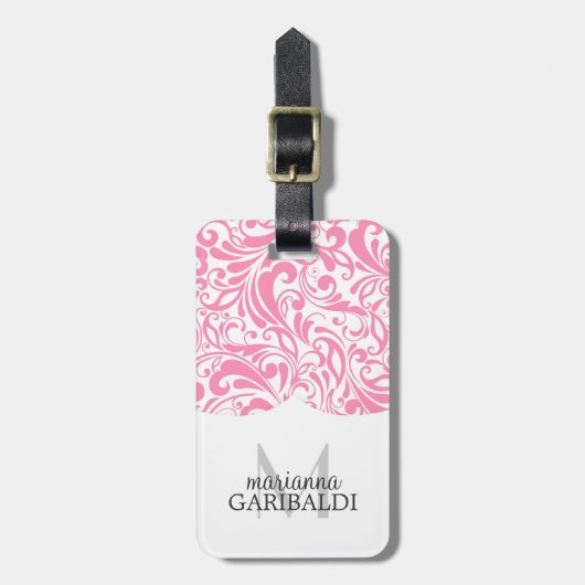 Modern Damask roze gepersonaliseerd Bagagelabel (Voorkant verticaal)