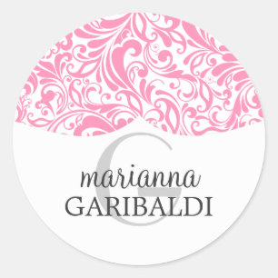Modern Damask roze gepersonaliseerd Ronde Sticker
