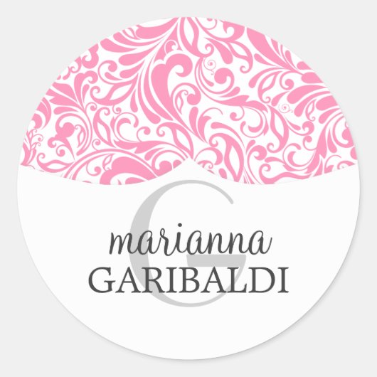 Modern Damask roze gepersonaliseerd Ronde Sticker (Voorkant)