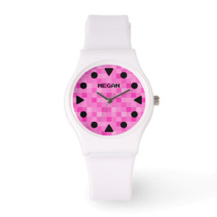 Modern dameshorloge met roze gepixelde wijzerplaat horloge