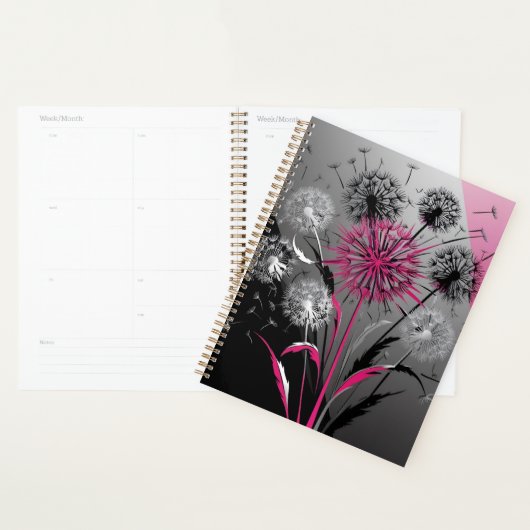 Modern Dandelions Pink Black White Notebook Planner (Display)