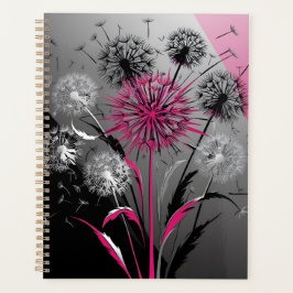 Modern Dandelions Pink Black White Notebook Planner