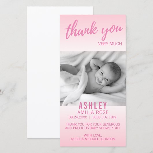 Modern Dank je Baby shower Girl Pink | FOTO toevoe Bedankkaart (Voorkant / Achterkant)