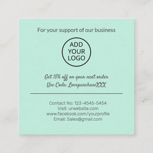 Modern dank je script bestel minimaal mint groen vierkante visitekaartje (Achterkant)