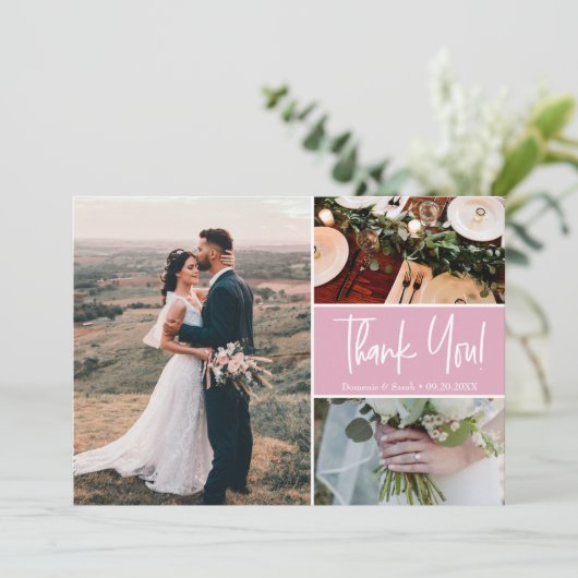 Modern Dank je script Blush Pink Wedding Kaart (Staand voorkant)