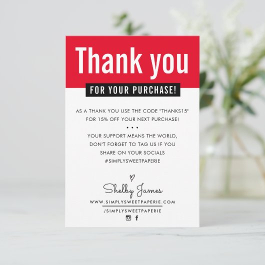 MODERN DANK U aankoop insert helder rood Bedankkaart (Staand voorkant)