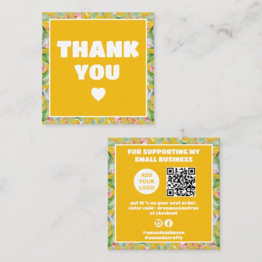 Modern dank u bestelling Yellow Floral Qr code Vierkante Visitekaartje (Voorkant / Achterkant)