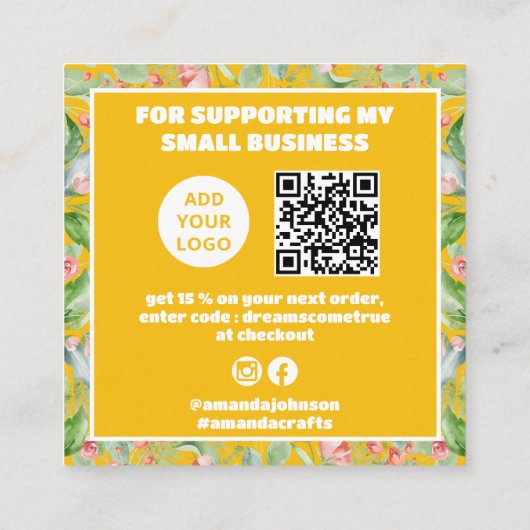 Modern dank u bestelling Yellow Floral Qr code Vierkante Visitekaartje (Achterkant)