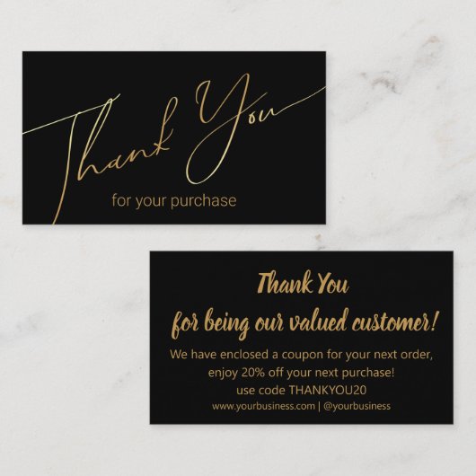 Modern Dank u klein bedrijf zwart goud script Informatiekaartje (Voorkant / Achterkant)