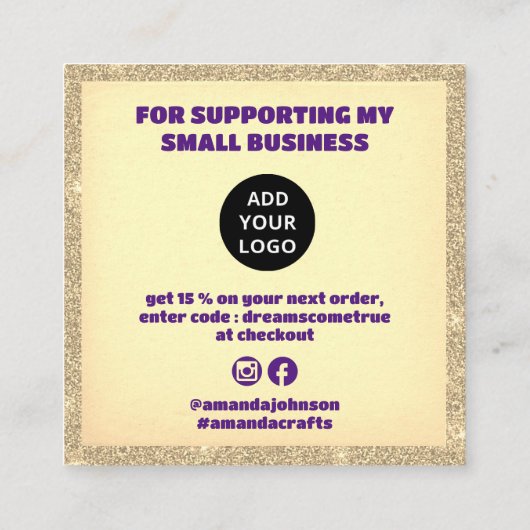 Modern dank u om gouden glitter Paarse te bestelle Vierkante Visitekaartje (Achterkant)