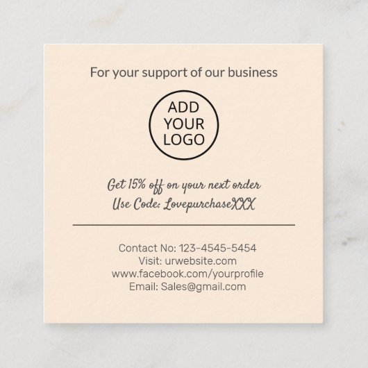 Modern dank u script bestellen Natural Cream Vierkante Visitekaartje (Achterkant)