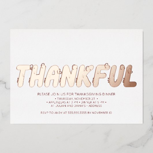 Modern Dankbaar Roos Goud Rood Thanksgiving Diner Folie Uitnodiging (Voorkant)