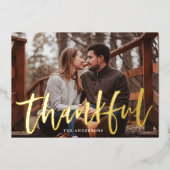Modern Dankbaar Script Foto Thanksgiving Goud Folie Feestdagenkaart (Voorkant)