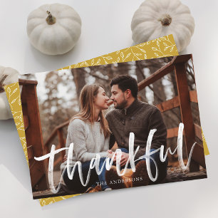 Modern Dankbaar Script Gold Photo Thanksgiving Feestdagenkaart