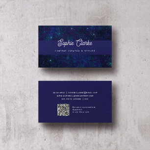 Modern Dark Blue   Elegant script met QR-code Visitekaartje