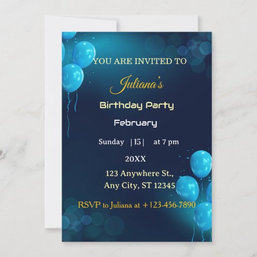 Modern Dark Blue Illustrative Birthday Invitation Kaart (Voorkant)