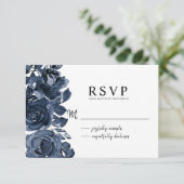 Modern Dark Blue Ink Floral Bouquet RSVP (Staand voorkant)