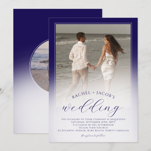 Modern Dark Blue Ombre 2-Photo Wedding Kaart (Voorkant / Achterkant)