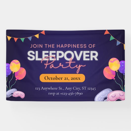 Modern Dark Blue Sleepover Party with Illustration Spandoek (Horizontaal)