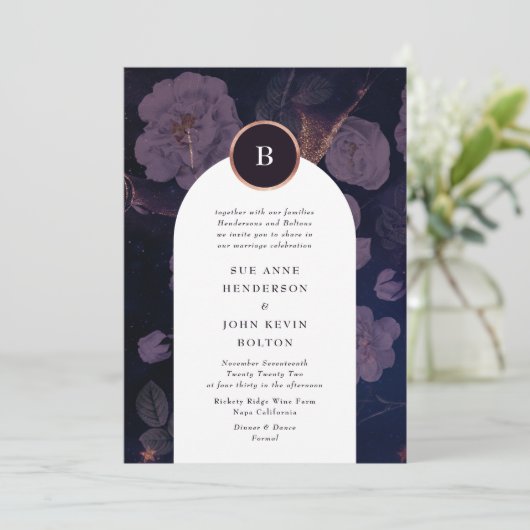Modern Dark Boho Floral Arch Roos Gold Wedding Kaart (Staand voorkant)
