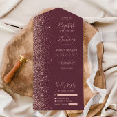 Modern Dark Bourgogne Roos Gouden Glitter Bruiloft All In One Uitnodiging