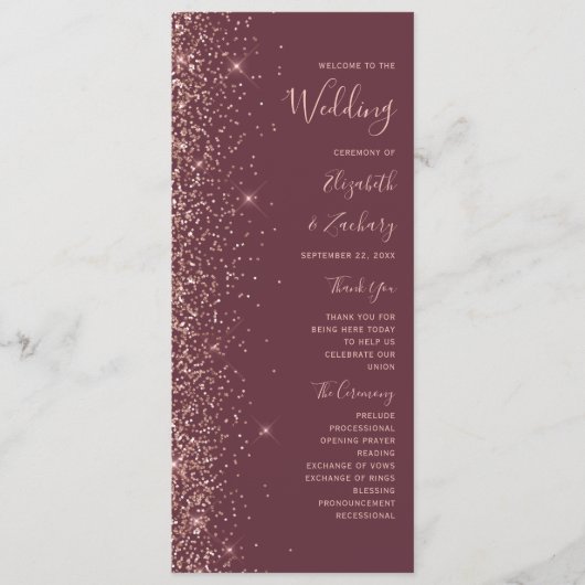 Modern Dark Bourgogne Roos Gouden Glitter Bruiloft Programmakaart (Voorkant)