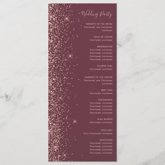 Modern Dark Bourgogne Roos Gouden Glitter Bruiloft Programmakaart (Achterkant)