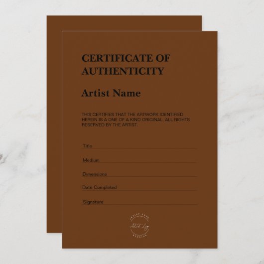 Modern Dark Brown Certificate of Authenticity Bedankkaart (Voorkant / Achterkant)