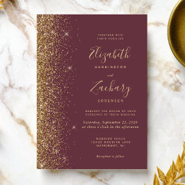 Modern Dark Burgundy Gold Faux Glitter Wedding Kaart