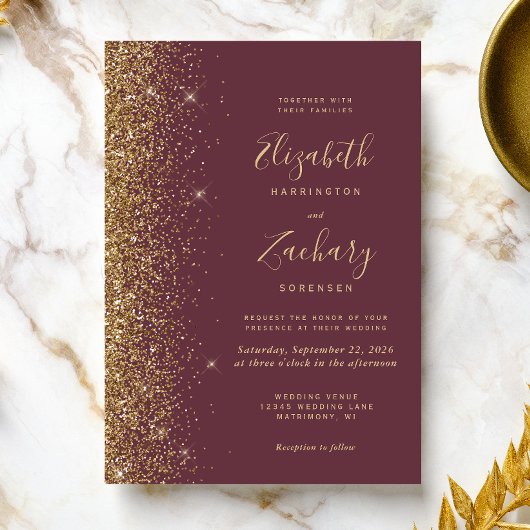 Modern Dark Burgundy Gold Faux Glitter Wedding Kaart