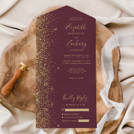 Modern Dark Burgundy Gold Glitter Wedding All In One Uitnodiging