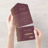 Modern Dark Burgundy Gold Glitter Wedding All In One Uitnodiging (Afscheurbaar)
