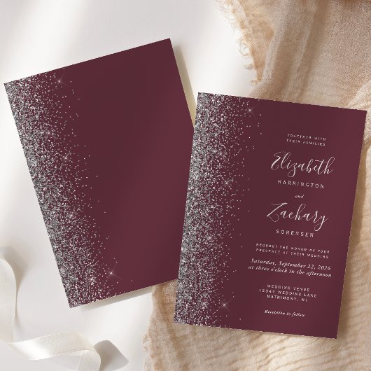 Modern Dark Burgundy Silver Glitter Edge Wedding Kaart