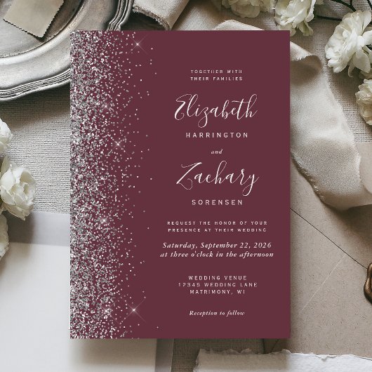 Modern Dark Burgundy Silver Glitter Edge Wedding Kaart