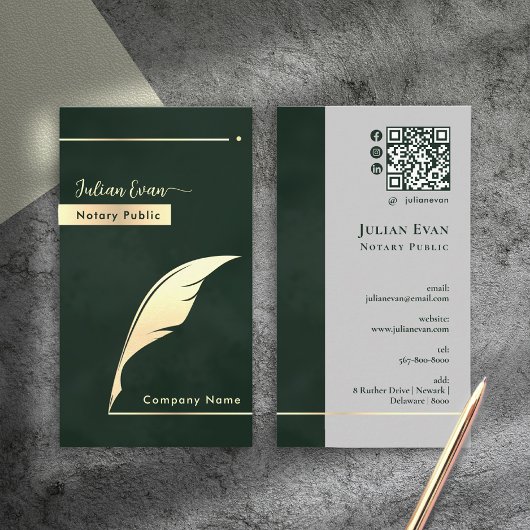 Modern Dark Emerald Green Gold Quill Notary Public Visitekaartje