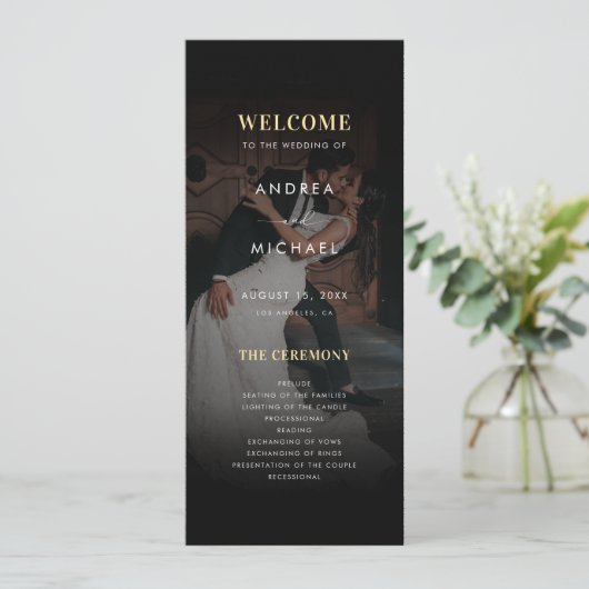 Modern Dark Faded Photo Gold & Black Wedding Kaart (Staand voorkant)