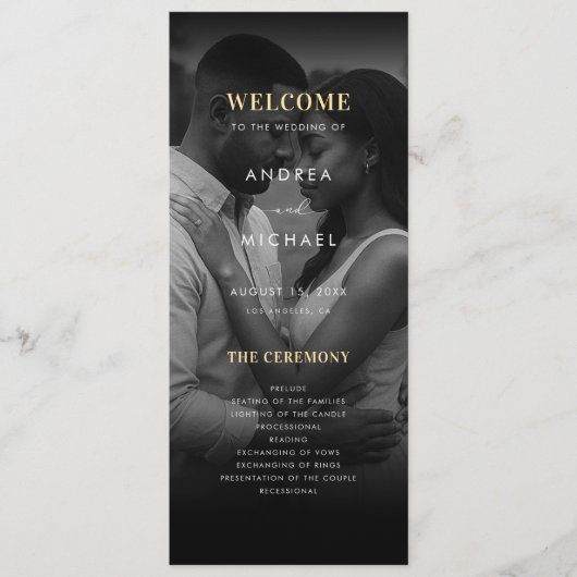 Modern Dark Faded Photo Gold & Black Wedding Programmakaart (Voorkant)