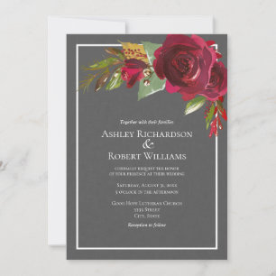 Modern Dark Gray Linen Burgundy Floral Wedding Kaart