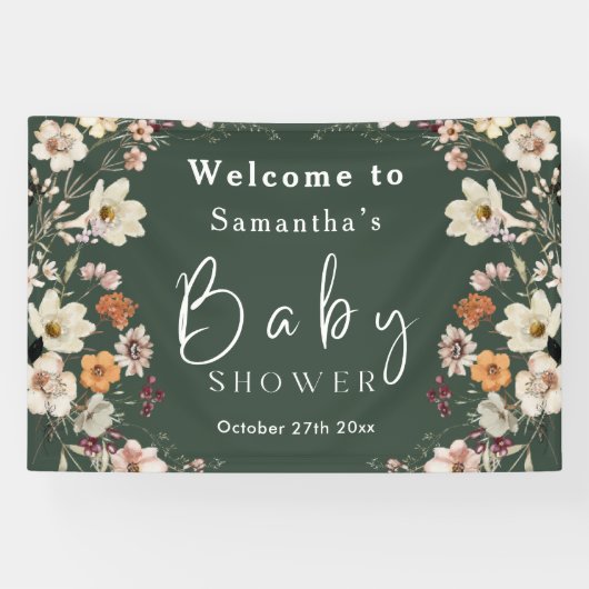 Modern Dark Green Boho Wildflower Baby shower Spandoek (Horizontaal)